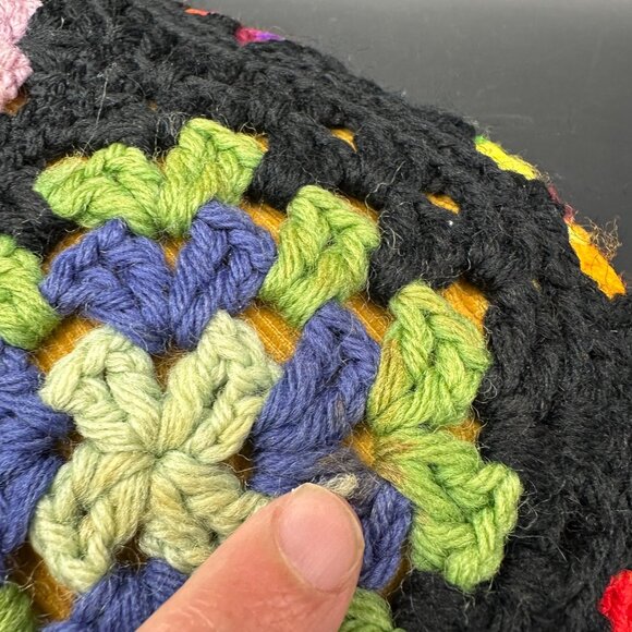 Vintage Granny Square Crochet Throw Pillow Rainbow Black Handmade Decorative - Picture 4 of 10